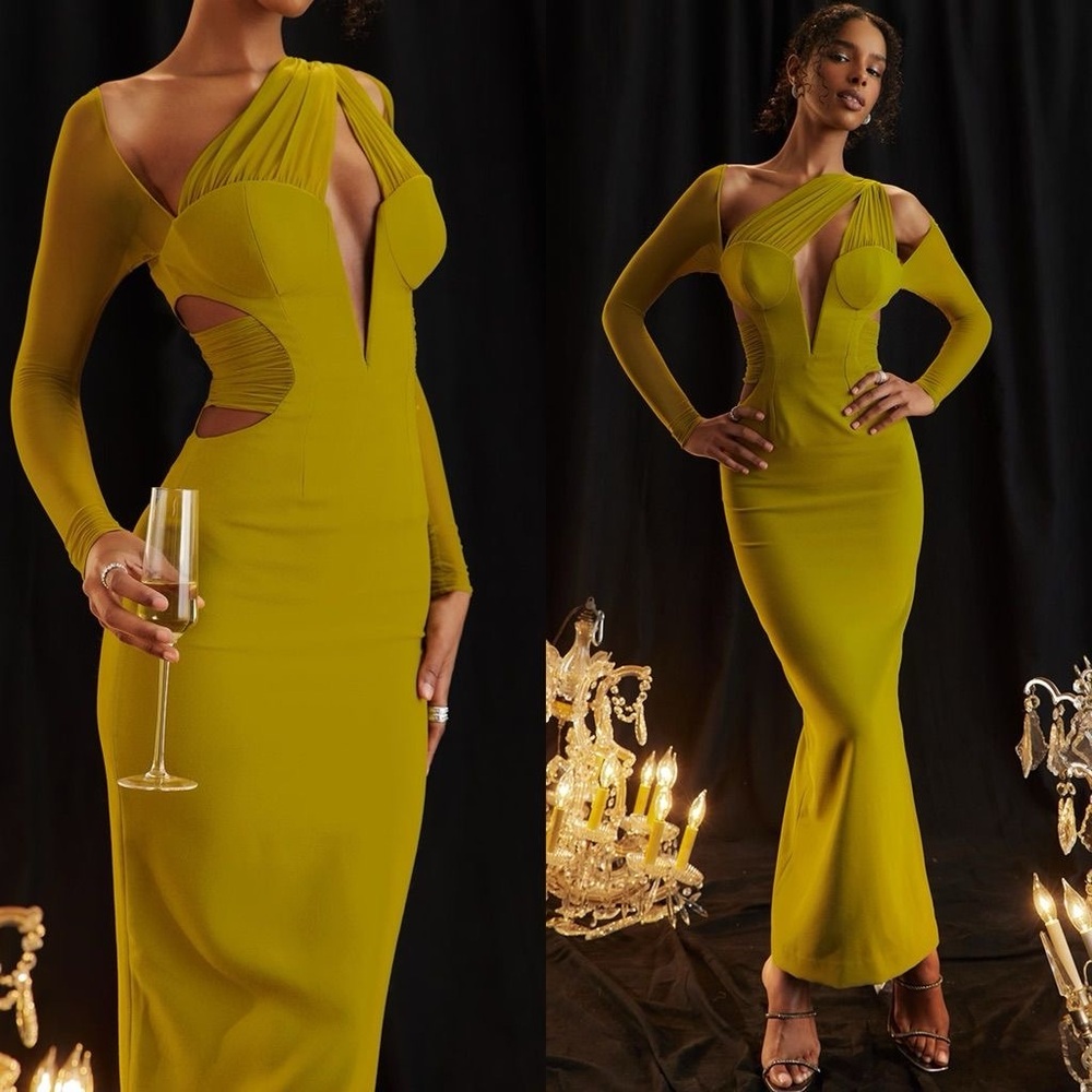 House of CB Olive Green Long Sleeve Cutout Gown